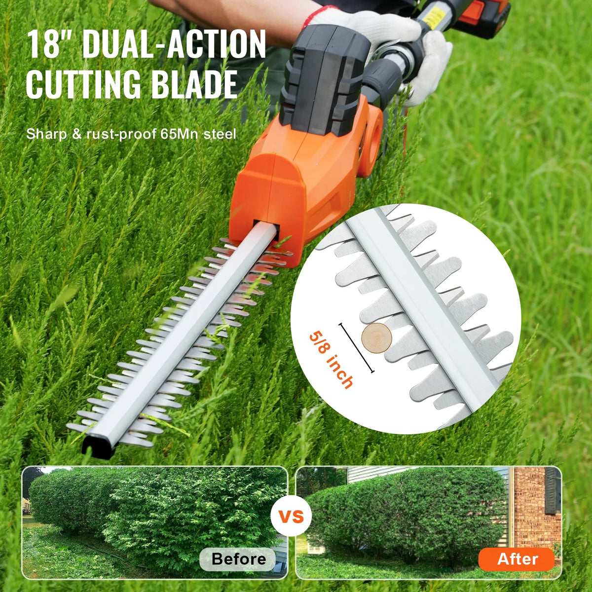 Cordless Hedge Trimmer 18in Hedge Trimmer Kit  W/Double-edged Steel Blade Pole 74"-94" Telescoping Pole for High Branches