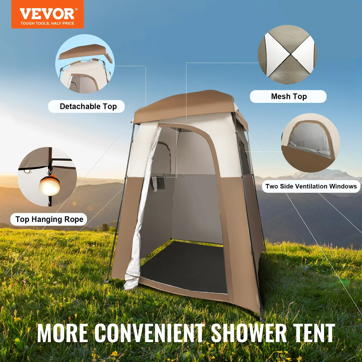 Camping Shower Tent 66" x 66" x 87" 1 Room Oversize Outdoor Portable Shelter Privacy Tent with Detachable Top Hanging Rope