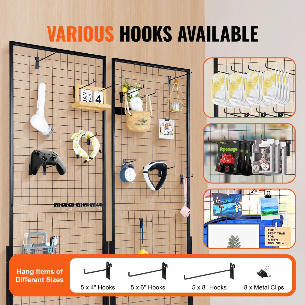 2' x 5.6' Grid Wall Panels Tower Wire Gridwall Display Racks with T-Base Floorstanding for Art Craft Shows Retail Display