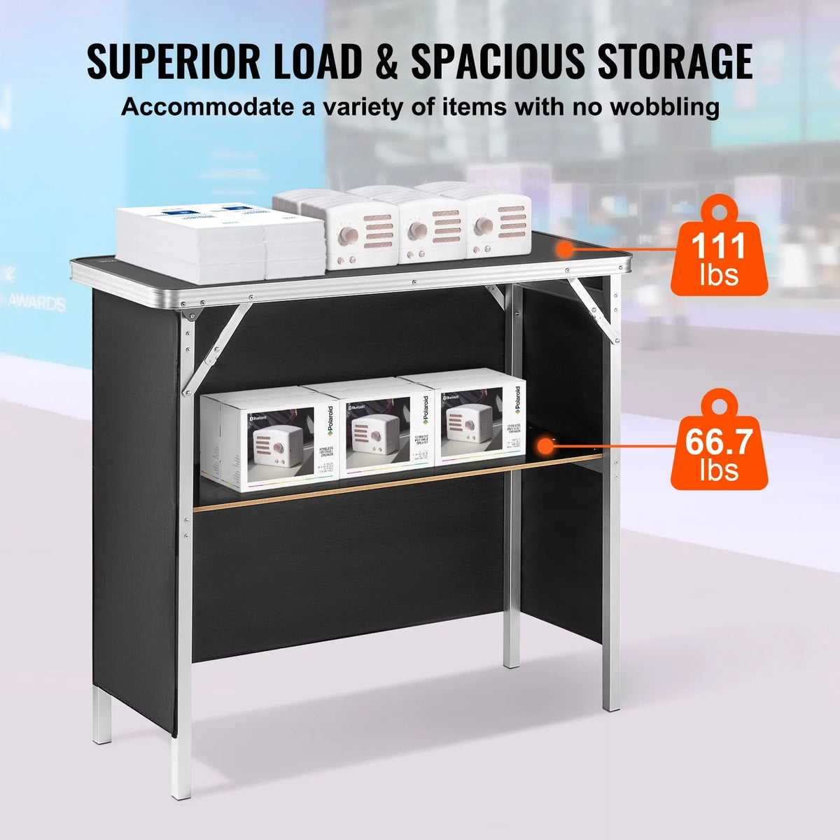 Folding Portable Bar Table Tradeshow Podium Table for Party Picnic Exhibition Includes Carrying Case Storage Shelf & Skirt