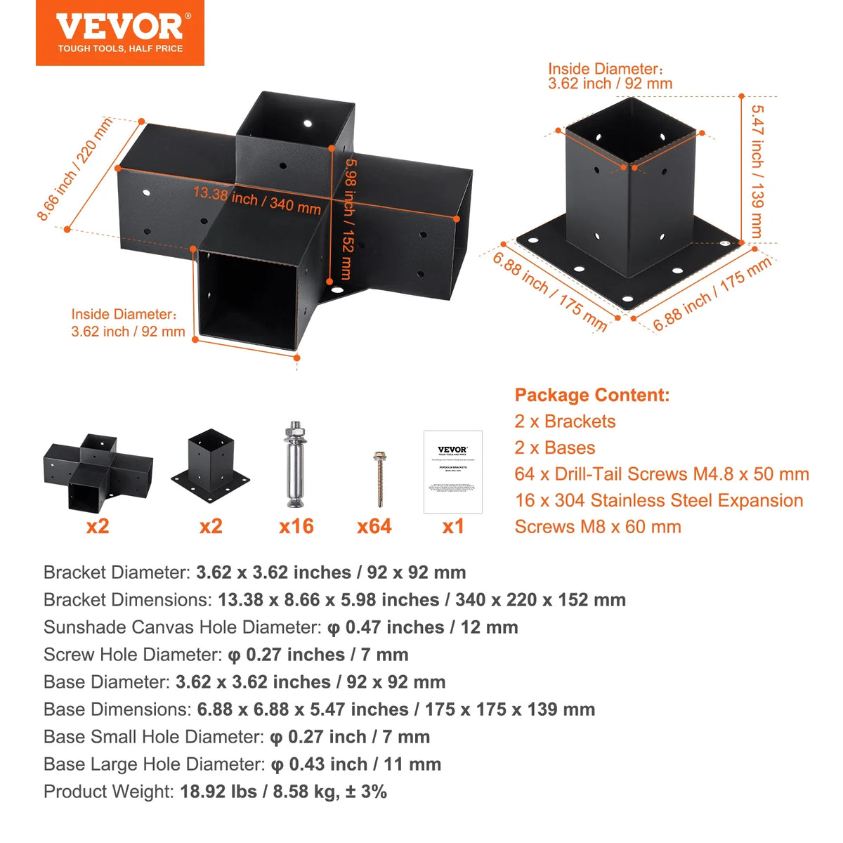 Pergola Bracket Kit Heavy Duty Corner Bracket Woodworks DIY Post Base Kit Easy Installation Wooden Beams