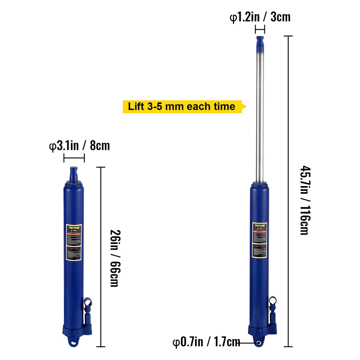 3/8/12Tons Capacity Hydraulic Long Ram Jack with Single Piston Pump and Clevis Base, for Garage Cranes, Engine Lift Hoist