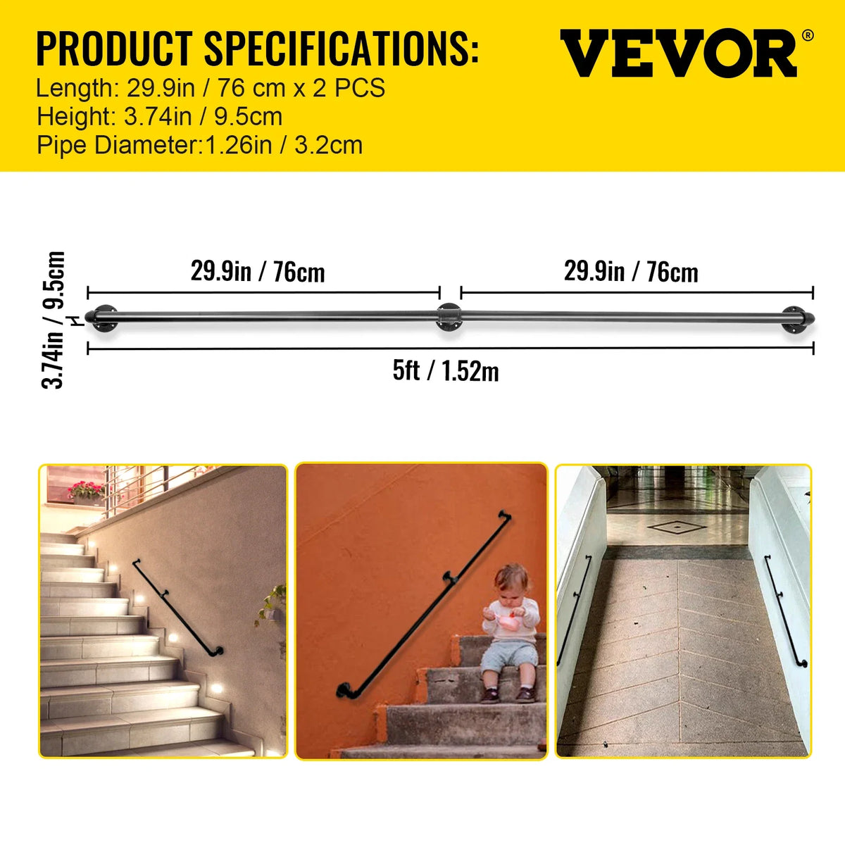 Stair Handrail Outdoor Safety Handrailings Loadable Staircase Hand Rail Stairway Straight Grab Support Round Corner Wall