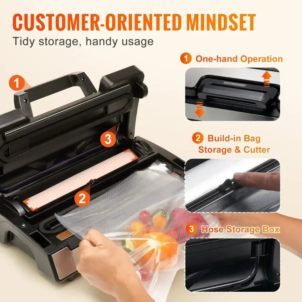 Vacuum Sealer Machine Food Preservation Storage Saver 90Kpa for Dry Moist Food Storage Automatic and Manual Air Sealing
