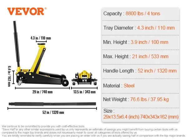 Floor Jack, 2.5/3/4 Ton Low Profile Floor Jack, Heavy-duty Steel Racing Floor Jack , Floor Jack Lifting Range 3.64"-19.49"