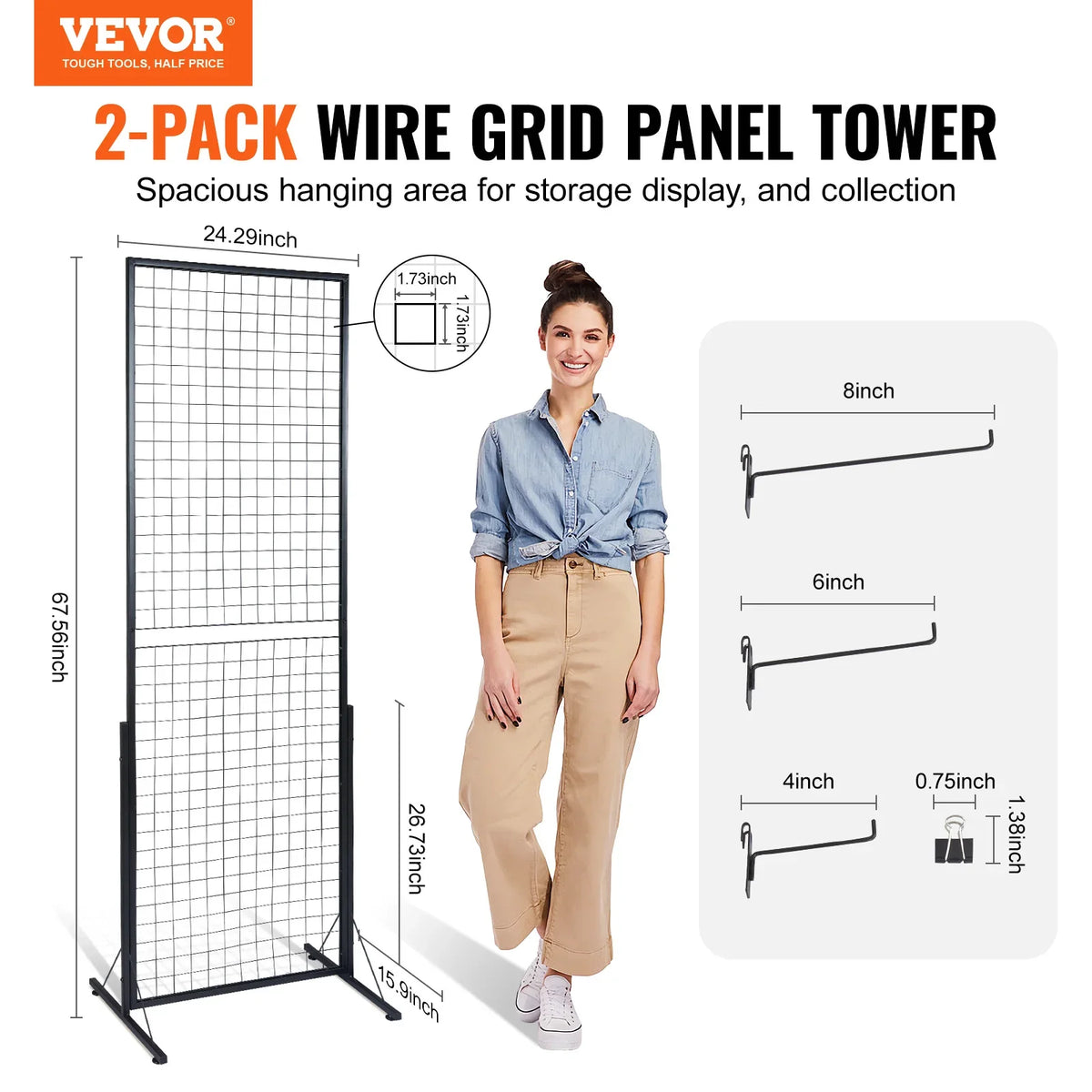 2' x 5.6' Grid Wall Panels Tower Wire Gridwall Display Racks with T-Base Floorstanding for Art Craft Shows Retail Display