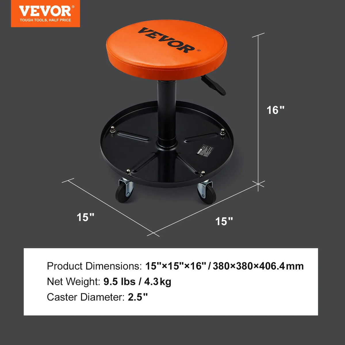 Mechanic Stool, 250 LBS Rolling Pneumatic Creeper Garage/Shop Seat, Adjustable Height 16-22  with Tool Tray