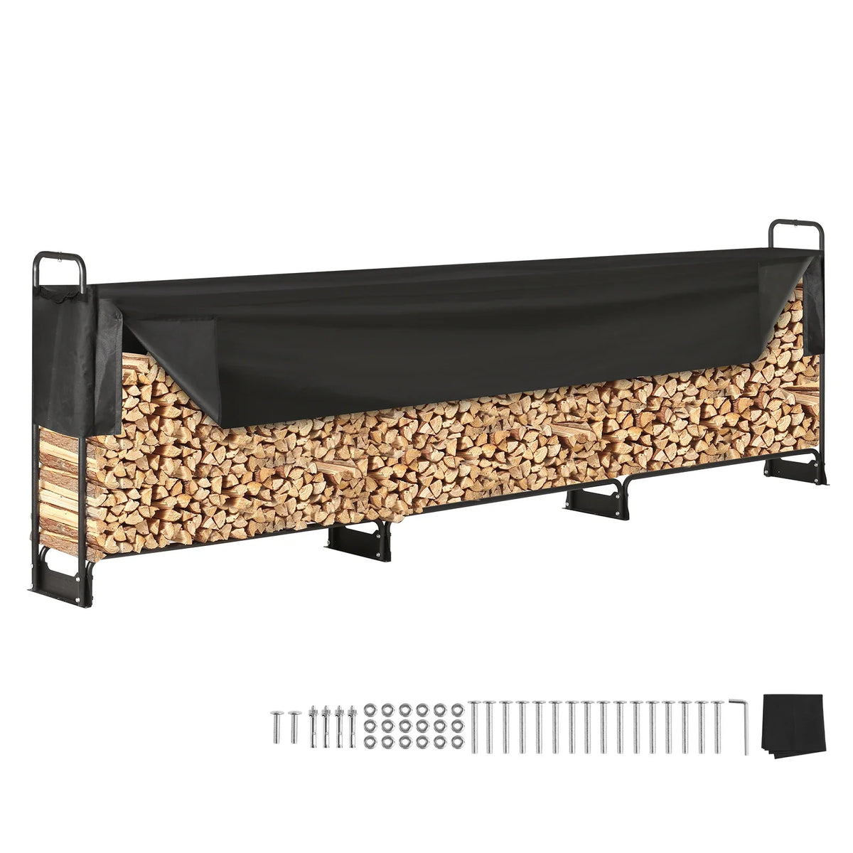 4.3/8.5/12.7FT Outdoor Firewood Rack w/Cover Heavy Duty Firewood Holder & 600D Oxford Waterproof Cover for Fireplace Patio