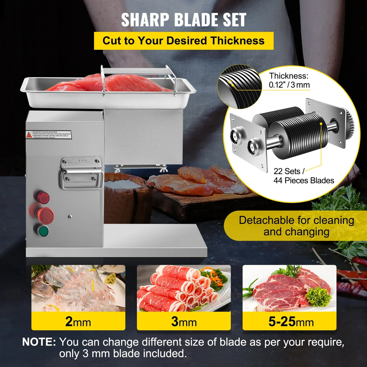 250Kg/H Electric Meat Slicer Stainless Steel 3mm Blades Meat Cutter Grinder Machine Auto Kitchen Home Appliance Commercial