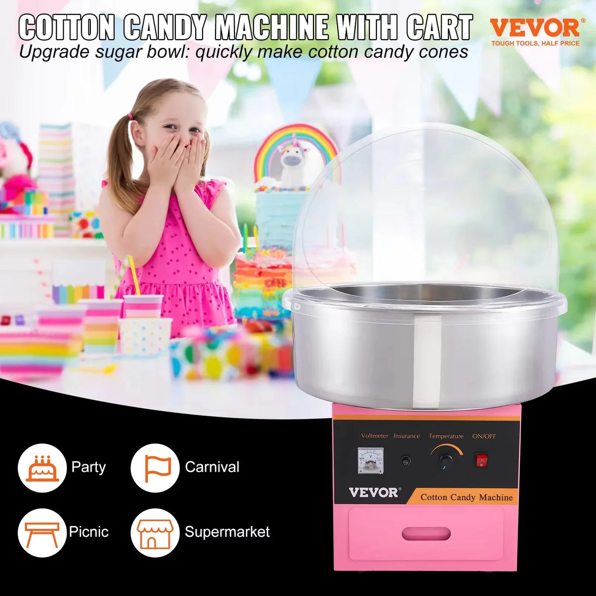 Electric Cotton Candy Machine Commercial Floss Maker with Stainless Steel Bowl Sugar Scoop and Drawer for Birthday Party