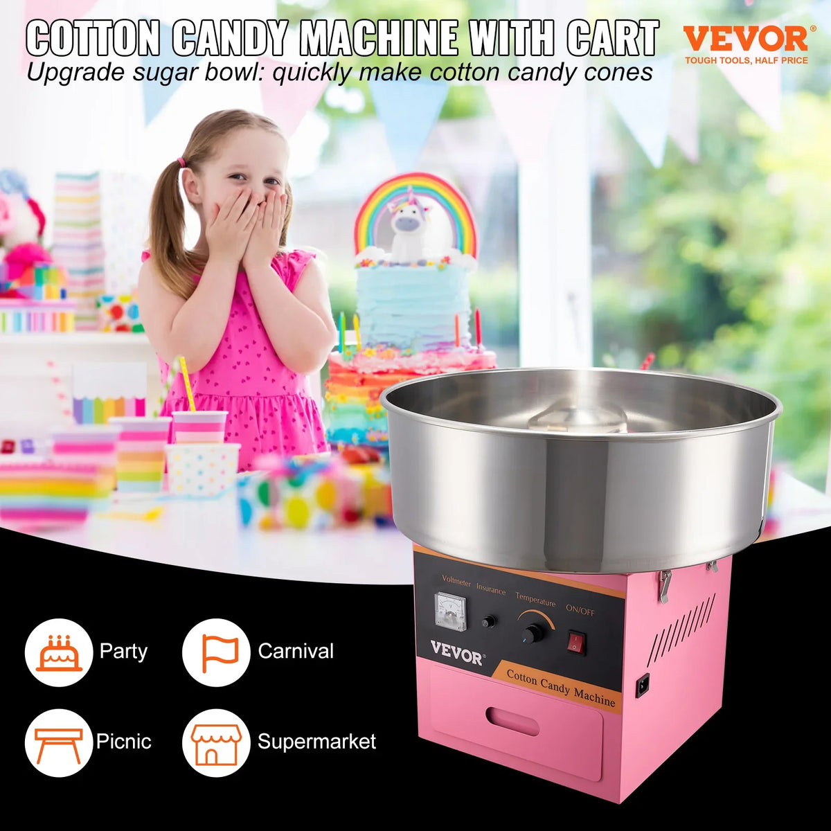 Electric Cotton Candy Machine Commercial Floss Maker with Stainless Steel Bowl Sugar Scoop and Drawer for Birthday Party