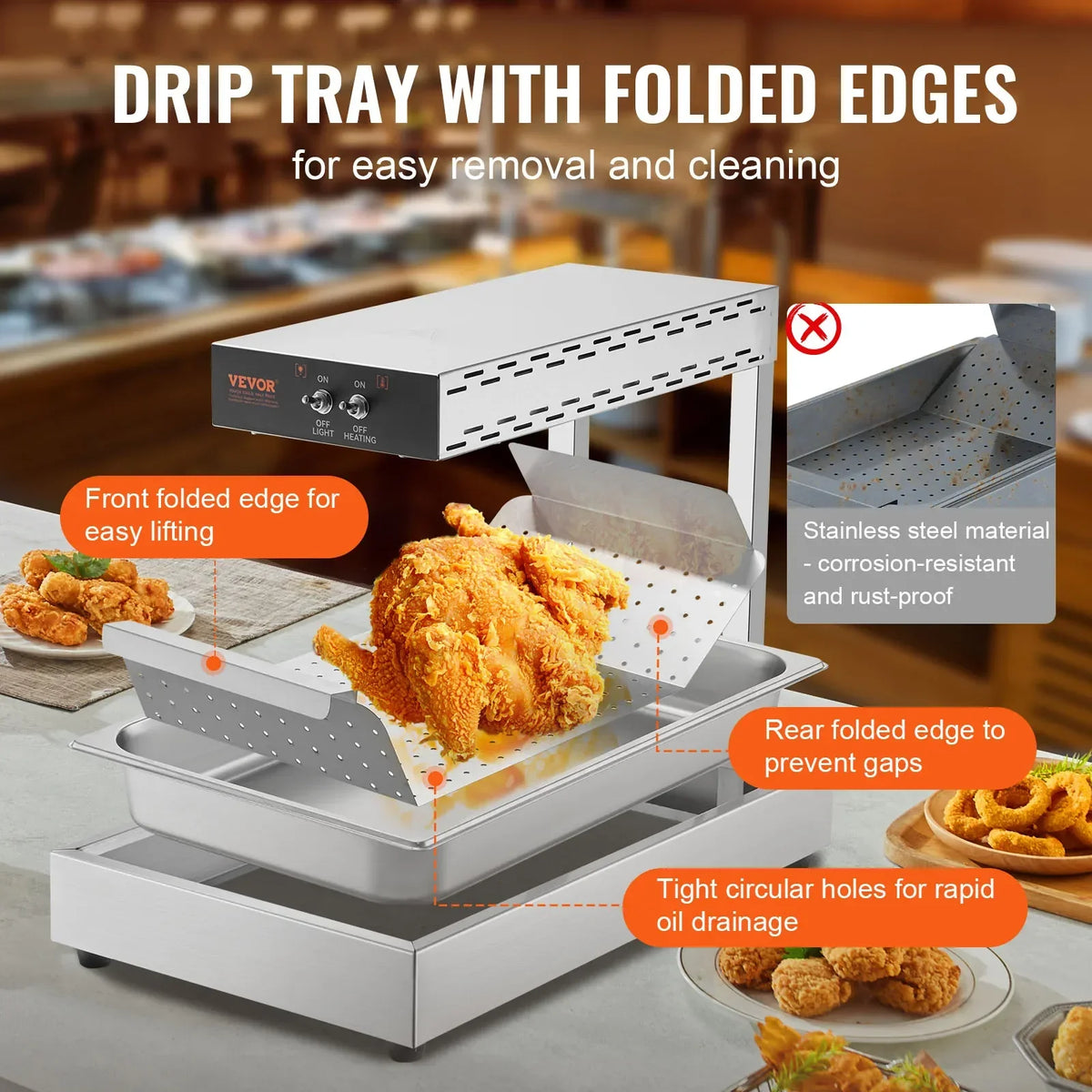 750/1000W Commercial French Fry Warmer with Heating Lamp, 104-122°F for Chip Buffet & Restaurant Countertop
