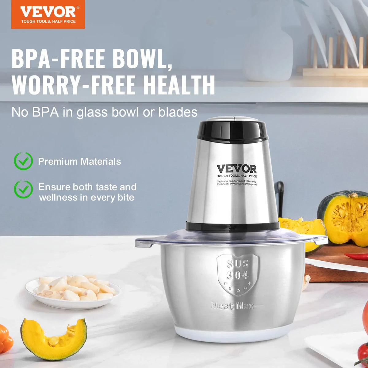 Food Processor Electric Meat Grinder with 4-Wing Stainless Steel Blades8 Cup Stainless Steel Bowl for Baby Food