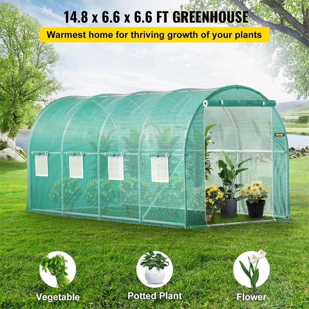 Walk-in Tunnel Greenhouse 15x7x7ft Portable Plant Hot House with Galvanized Steel Hoops Green House for Plants Growing