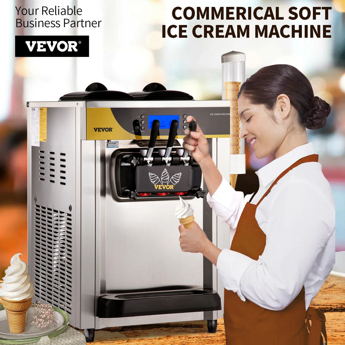 22-30 L/H Soft Ice Cream Machines Commercial Tricolor Desktop Sweet Cone Freezing Equipment Vending Machine