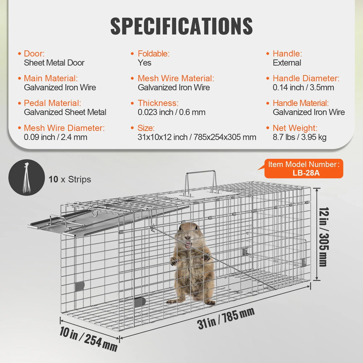 24/31/42/50in Live Animal Cage Trap Folding Humane Cat Trap Galvanized Iron with Handle for Rabbits Squirrels Groundhogs