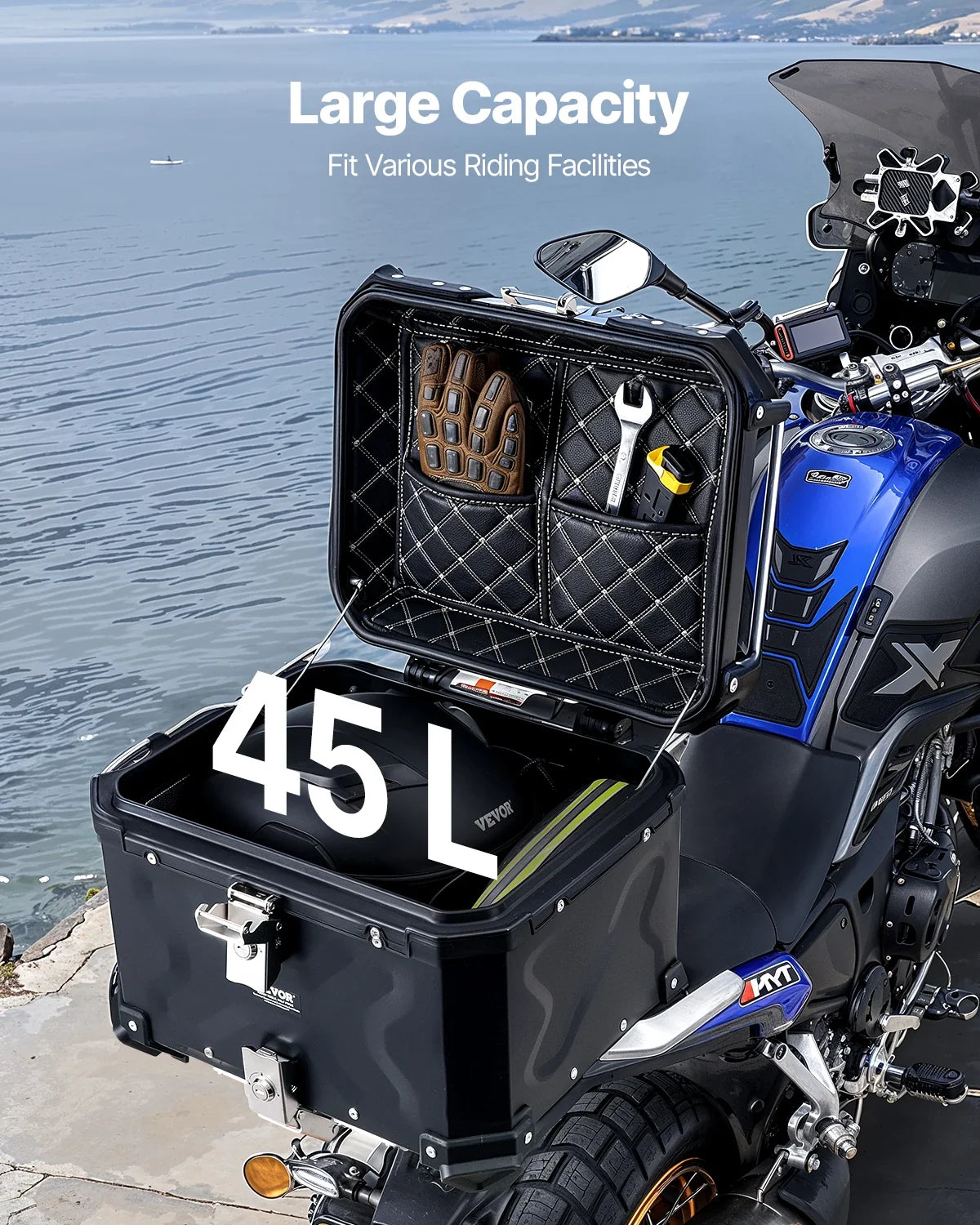 45L/55L/65L Universal Aluminum Alloy Motorbike Tail Box with Leather Lining & Lock  Fit for 99% of Motorcycle Frames