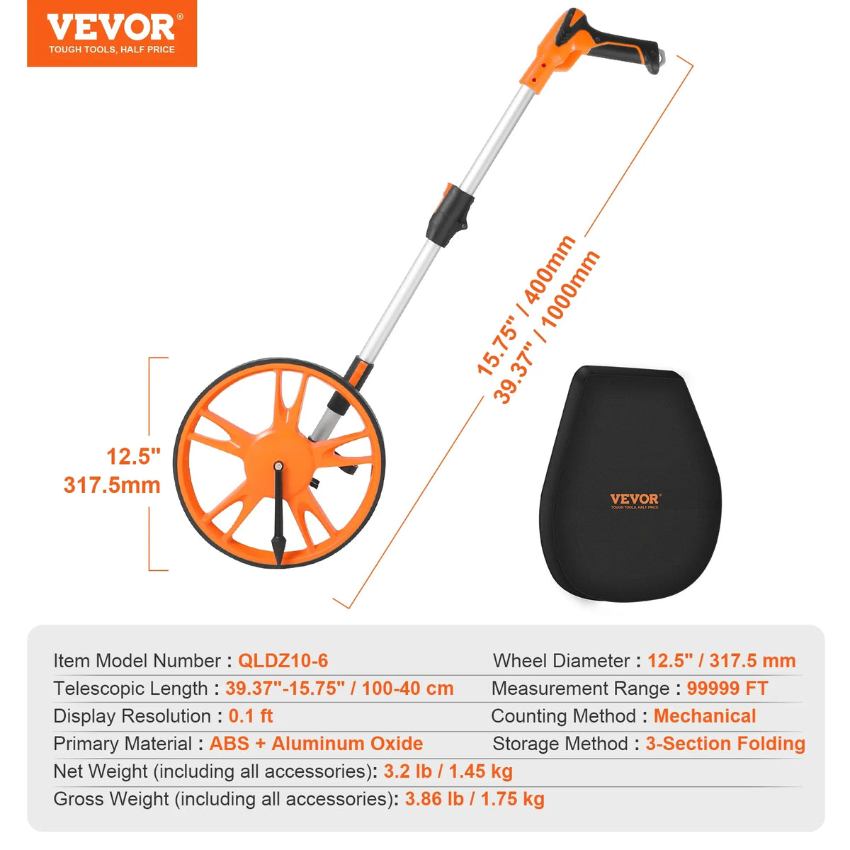 Measuring Wheel Telescoping Measure Wheel Measurement 0-9,999m with Back Bag Suitable for Lawn/Hard/Wood Road Measuring