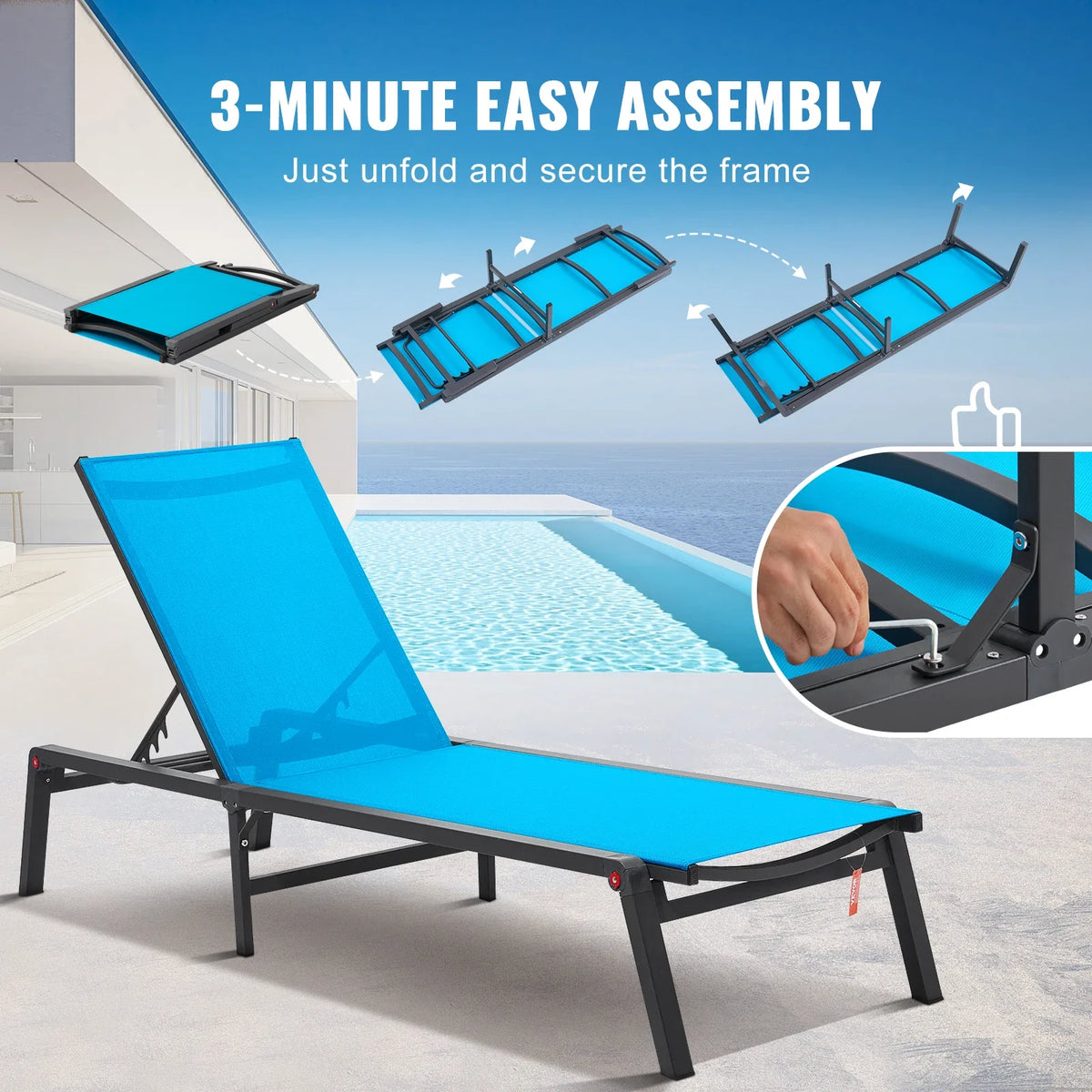 Chaise Lounge Chair Outdoor Aluminum Patio Lounge Chair 5-Position Adjustable Folding Pool Lounge Chair Recliner for Beach