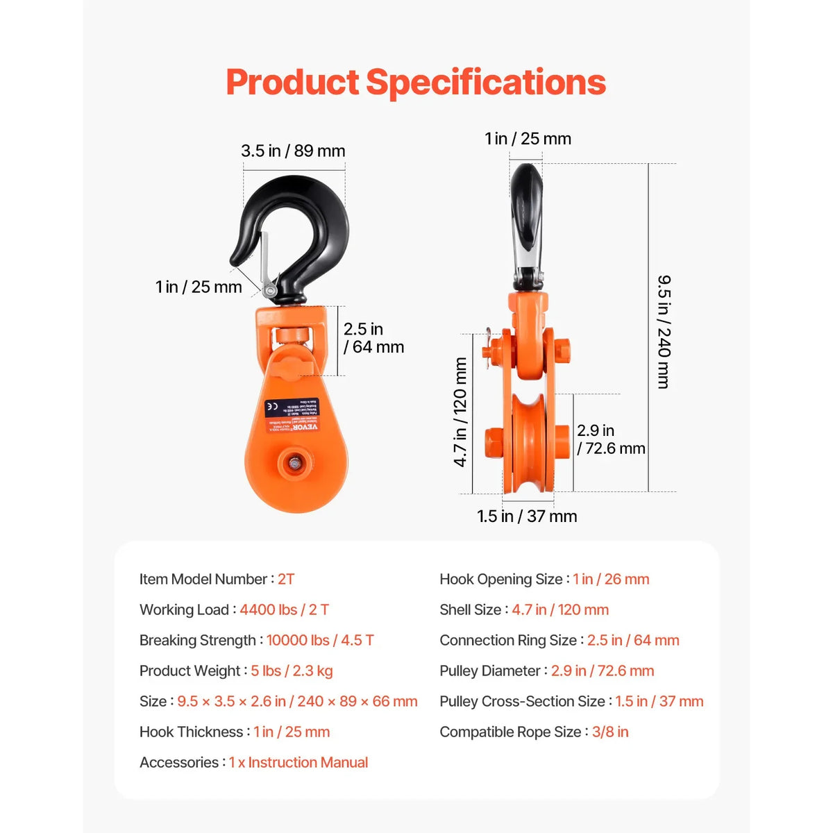 2T Snatch Block Pulley with Swivel Hook Lifting Offroad Recovery for Towing Operation on Truck Rollback Wrecker Car Hauler