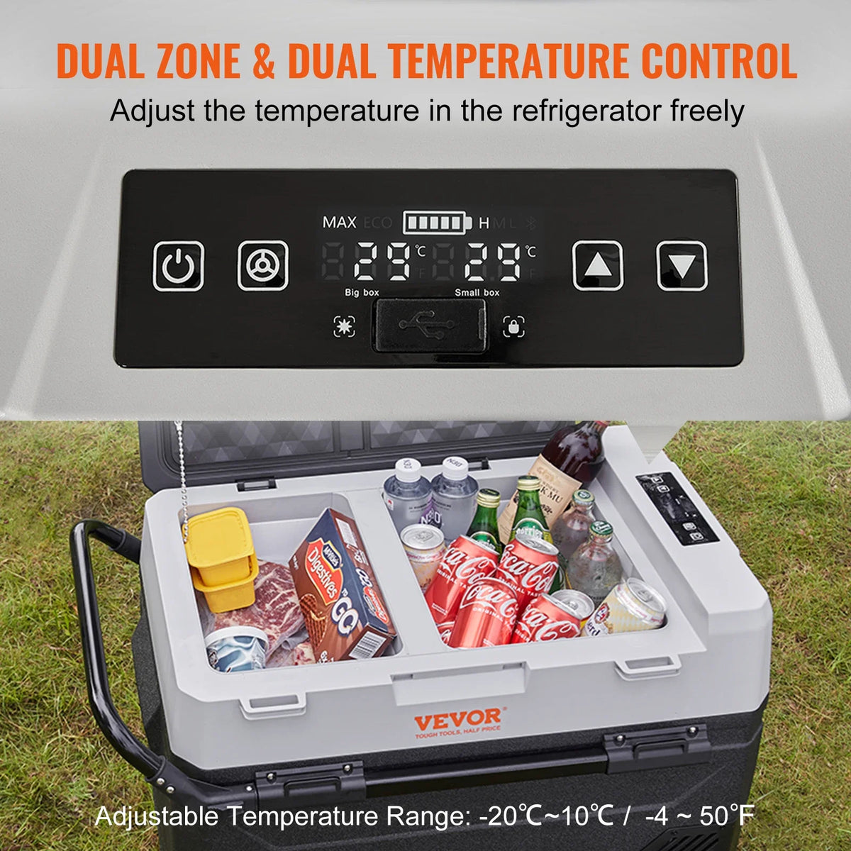 53L Car Refrigerator, 12V Car Fridge, Dual Zone Portable Freezer, -4℉-50℉, 12/24V DC and 100-240V AC Compressor Cooler