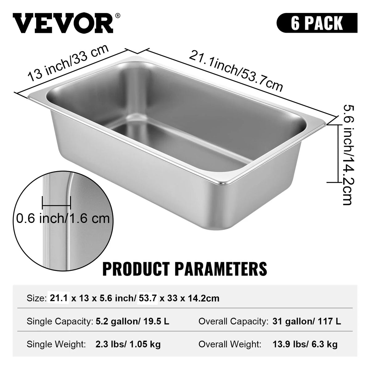 4/6 Pack Steam Table Pans Full Size Deep Food Container Stainless Steel Oven Tray Hotel Pans Anti-Jam Steam Table Food Pan