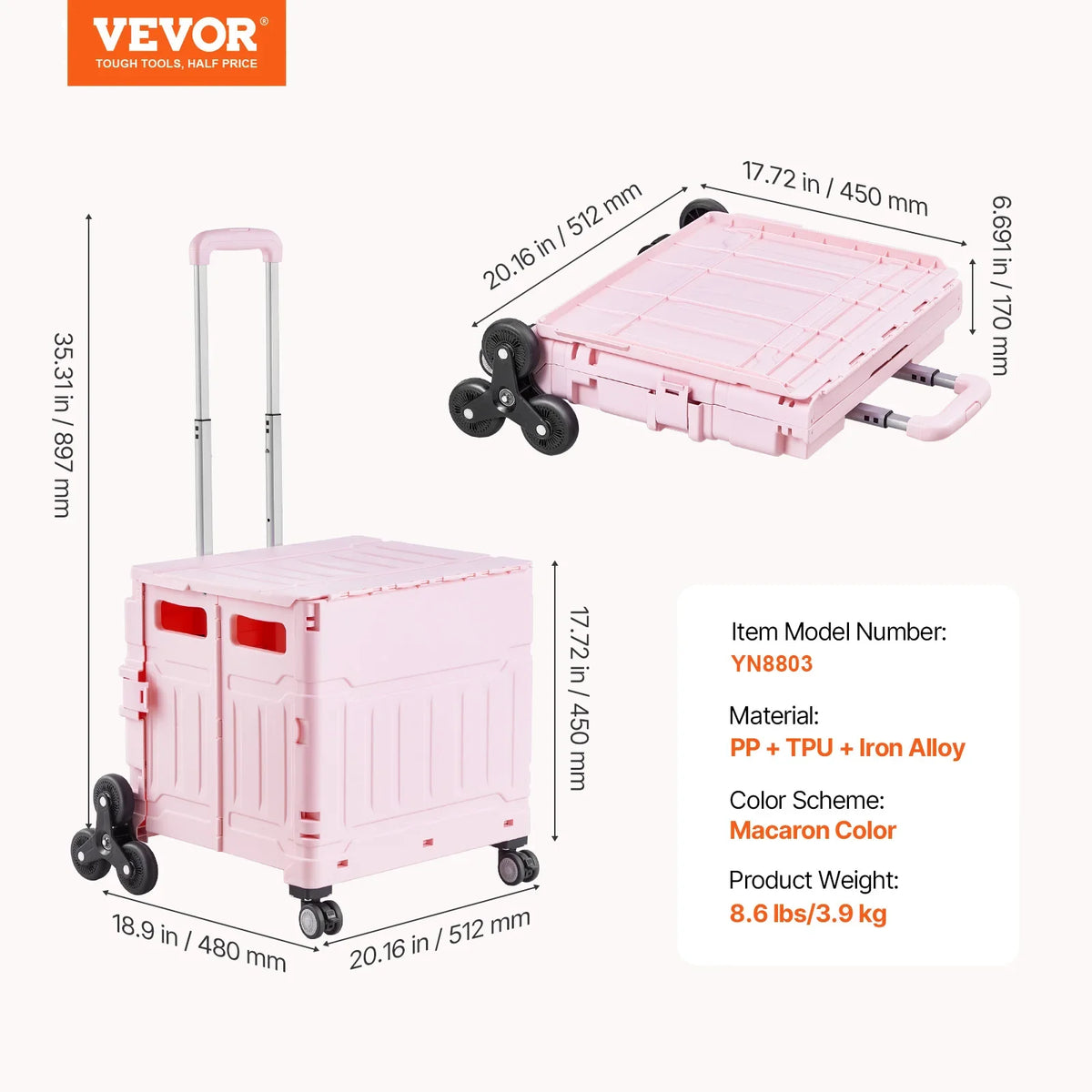 150lbs Stair Climbing Cart 65L Foldable Utility Hand Cart with Wheels Collapsible Crate Rolling Cart for Shopping Office