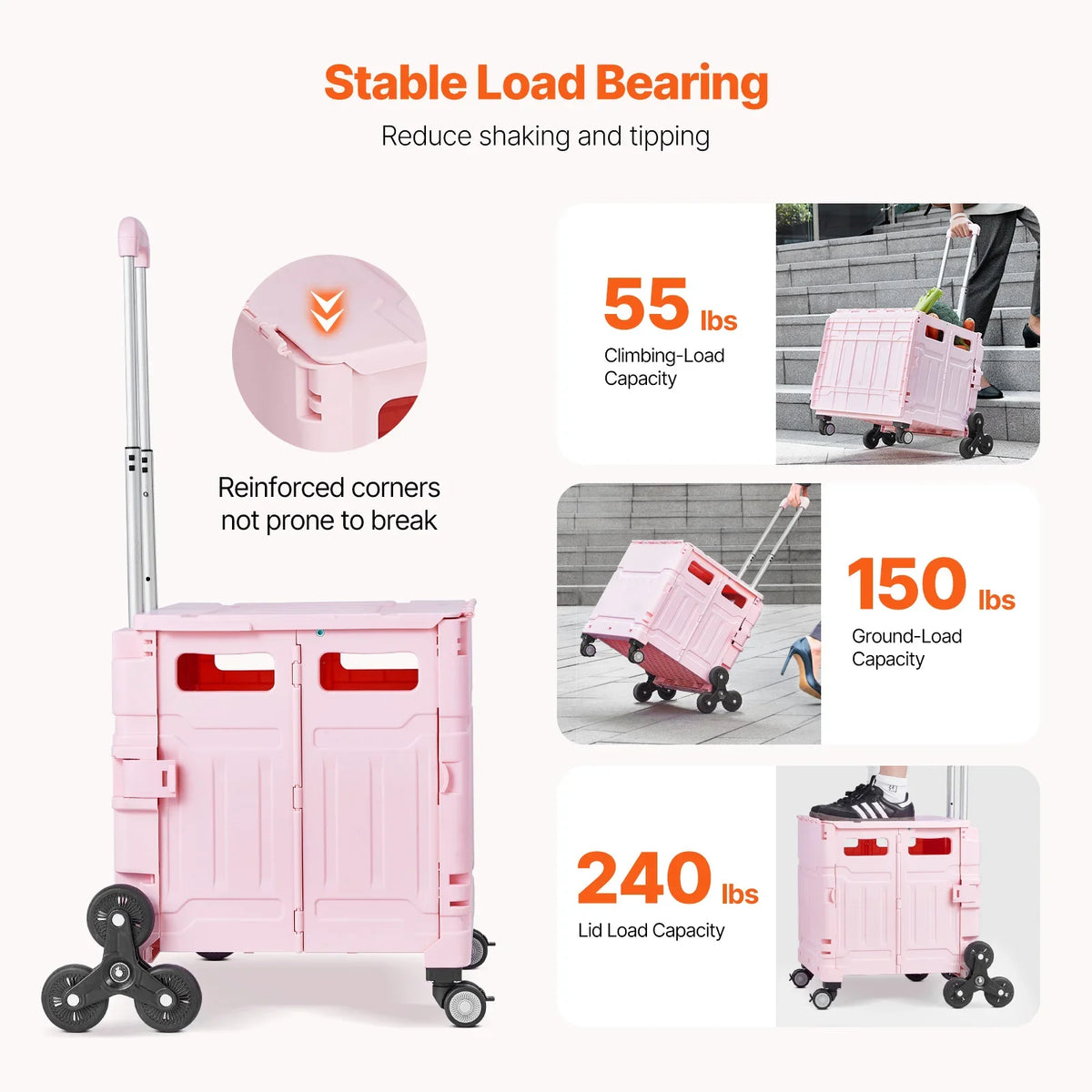 150lbs Stair Climbing Cart 65L Foldable Utility Hand Cart with Wheels Collapsible Crate Rolling Cart for Shopping Office
