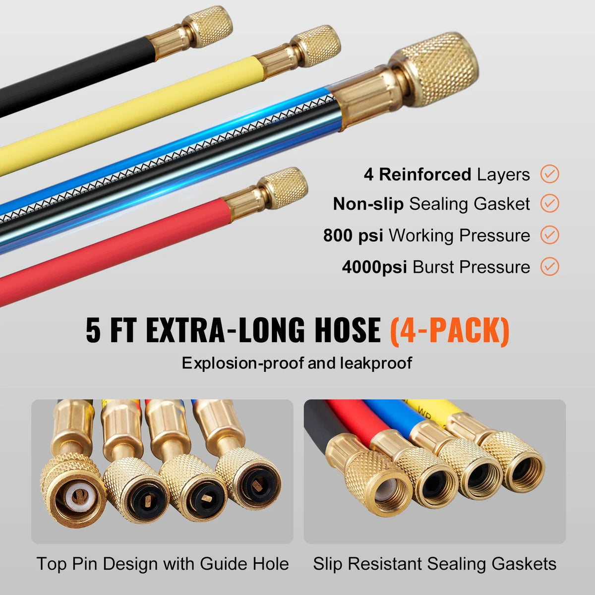 4 Way AC Gauge - AC Manifold Gauge Set for R134A R22 R12 R410A Refrigerant,Freon Gauges with 5ft Hoses, Couplers, Can Tap