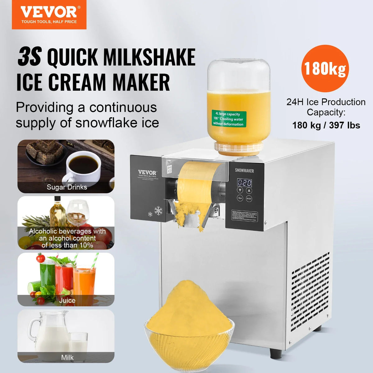 Commercial Snowflake Ice Machine,180KG/24H Snowflake Ice Maker,Stainless Steel Ice Shaver Machine,Electric Snow Cone Maker