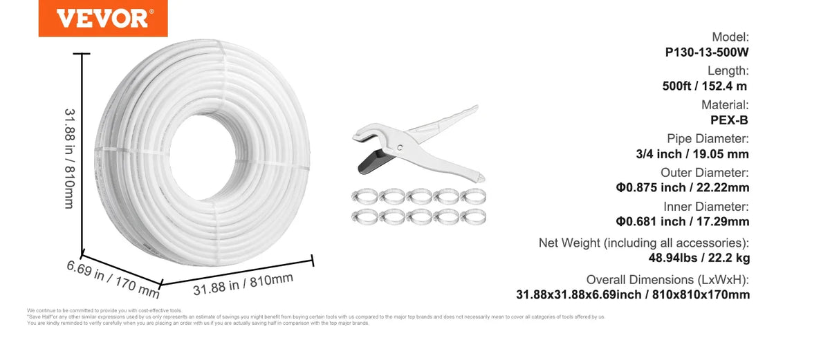 PEX Pipe 3/4 Inch 500 Feet Length PEX-B Flexible Pipe Tubing for Potable Water Pex Water Lines for Hot/Cold Water White