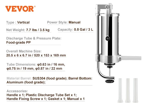 1.5/3L Capacity Vertical Sausage Stuffer Food Filling Processors with 3 Stuffing Tubes Kitchen Accessories Home Appliance