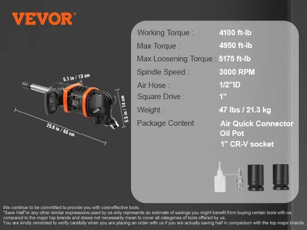 Air Impact Wrench Reverse Torque Pneumatic Impact Gun with 8 Inch Extended Anvil for Changing Tire Auto Repair Maintenance