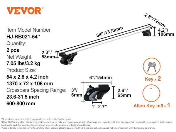 Roof Rack Crossbar Adjustable Aliuminum Roof Rail Crossbar Baggage Luggage Carrier 200LBS Top Roof Crossbar Silver Black