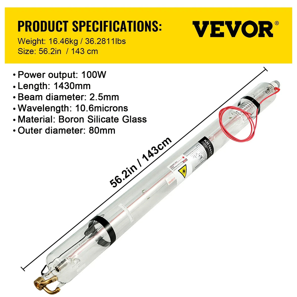 CO2 Laser Tube 40-150W 80mm Glass Dia, 700-1830mm Length High-Power Engraving Cutting Machine Long Service Life
