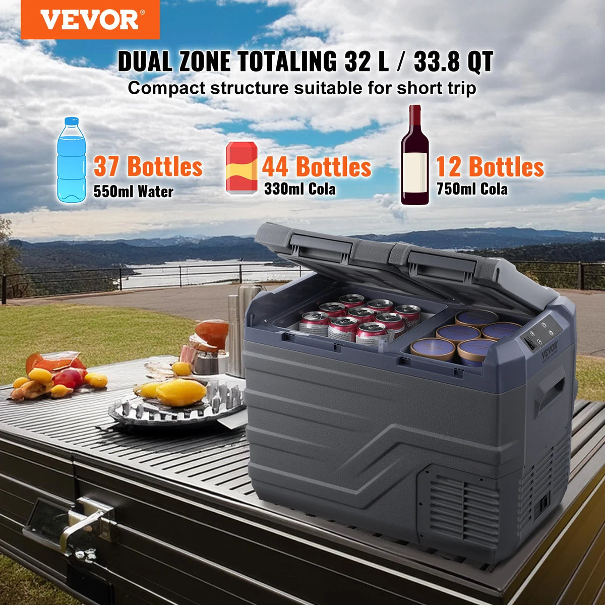12V Car Refrigerator Fridge, 32 L Dual Zone Portable Freezer, 12/24V DC and 100-240V AC Compressor Cooler for Outdoor