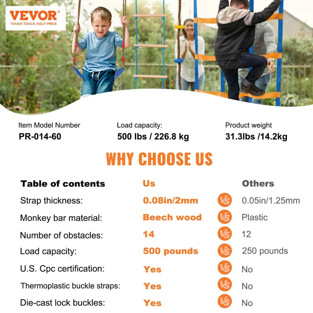 2x50/56/60/65FT Ninja Warrior Obstacle Course for Kids Weatherproof Slacklines 500lbs Weight Outdoor Playset Equipment