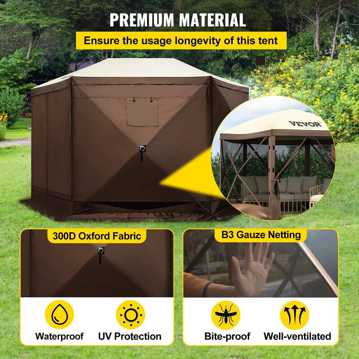 10x10/12x12FT Family Camping Tent - Canopy Screen Shelter with UV50+ Sun Protection Steel Frame Waterproof for 6 People