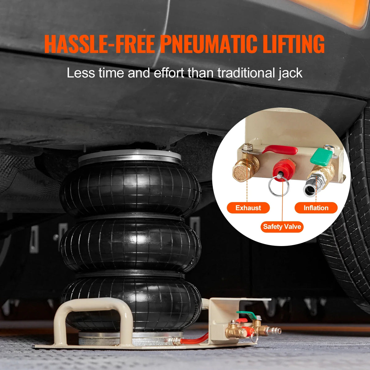 3 Ton/6600 lbs Triple Bag Air Jack Lift up to 17.7 inch/450 mm Pneumatic Jack with Side Handles for Car Garage Repair