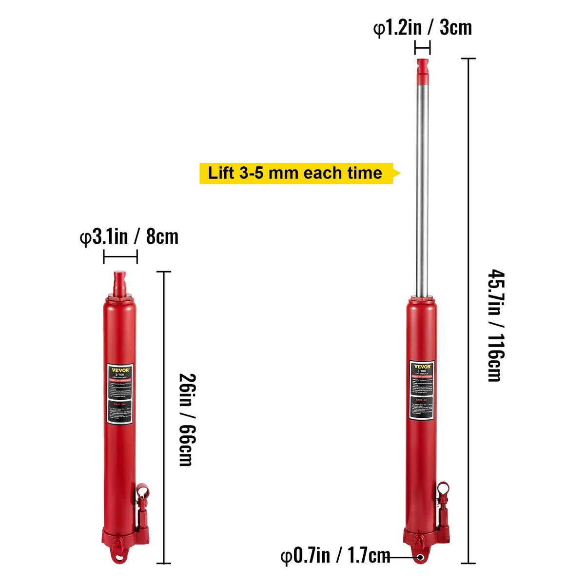 3/8/12Tons Capacity Hydraulic Long Ram Jack with Single Piston Pump and Clevis Base, for Garage Cranes, Engine Lift Hoist