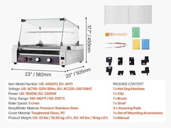 Hot Dog Roller, 30 Hot Dog 11 Rollers, Stainless Steel Sausage Grill Cooker,Commercial Hot Dog Machine w/Dual Temp Control