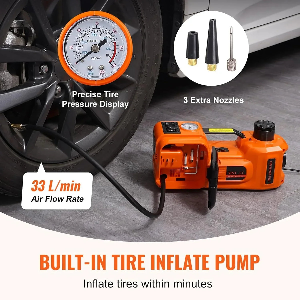 Electric Car Jack, 5 Ton/11023 LBS Hydraulic Jack Lift w/ Electric Impact Wrench, Built-in Inflatable Pump, and LED Light