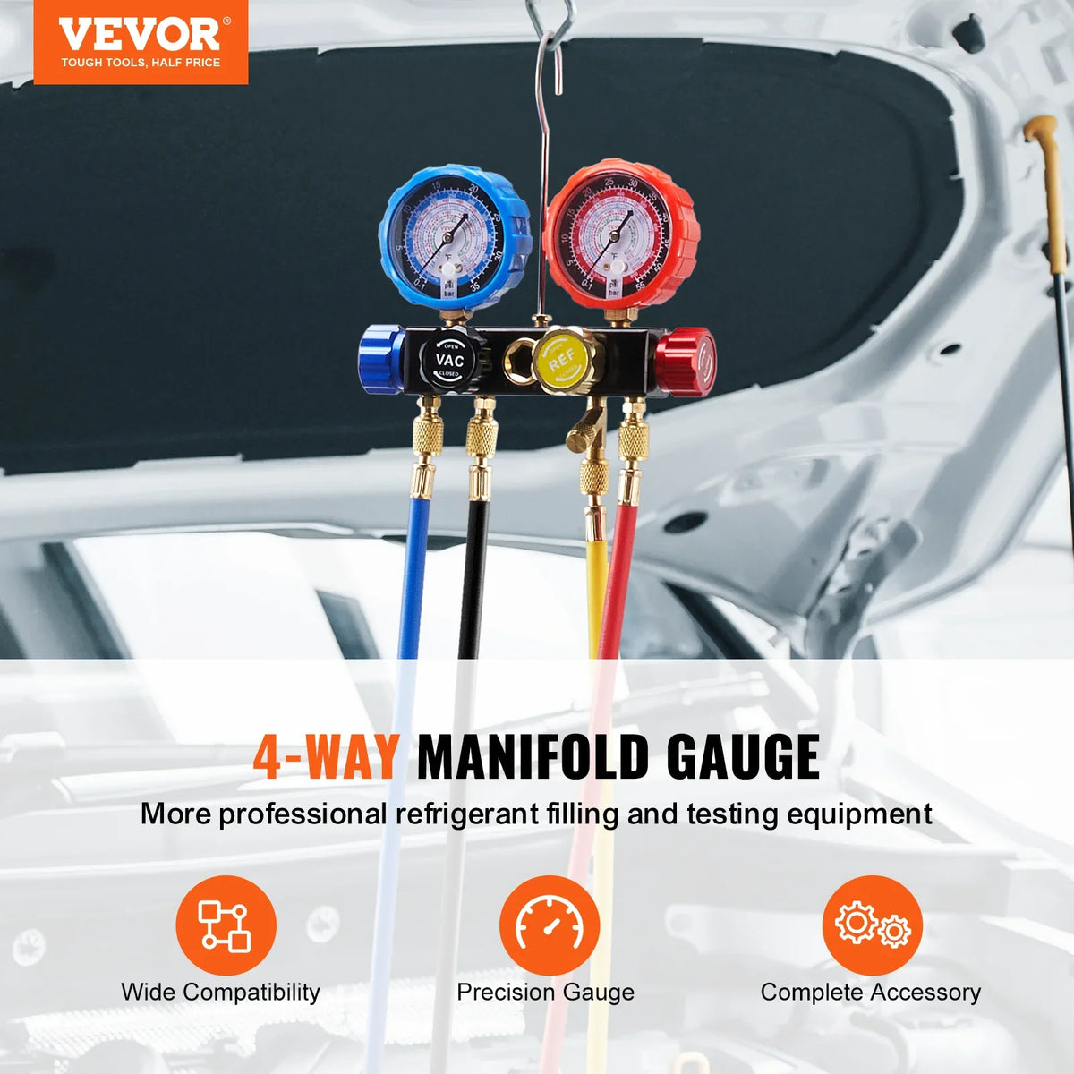 4 Way AC Gauge - AC Manifold Gauge Set for R134A R22 R12 R410A Refrigerant,Freon Gauges with 5ft Hoses, Couplers, Can Tap
