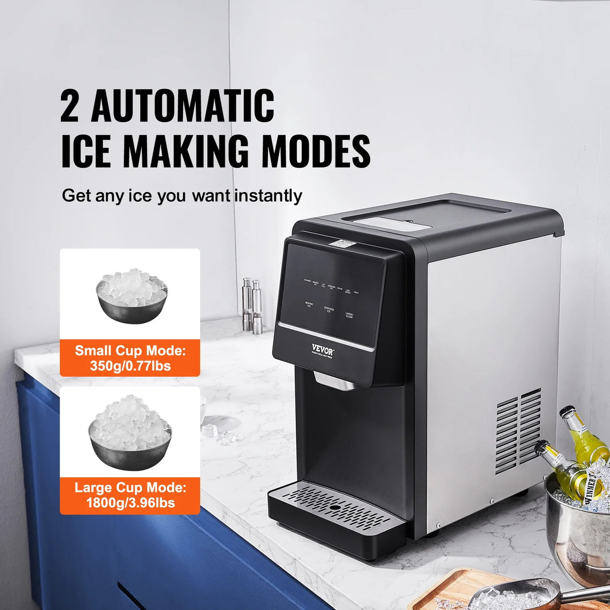 Countertop Nugget Ice Maker Auto Self-Cleaning Portable Ice Maker with Water Filling Pipe Water Filter and Drainpipe