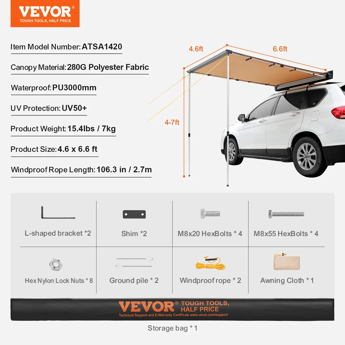 Car Side Awning 4.6"x6.6" Shade Coverage Vehicle Awning PU3000mm UV50+ Retractable Car Awning for Truck/SUV/Van/Campers