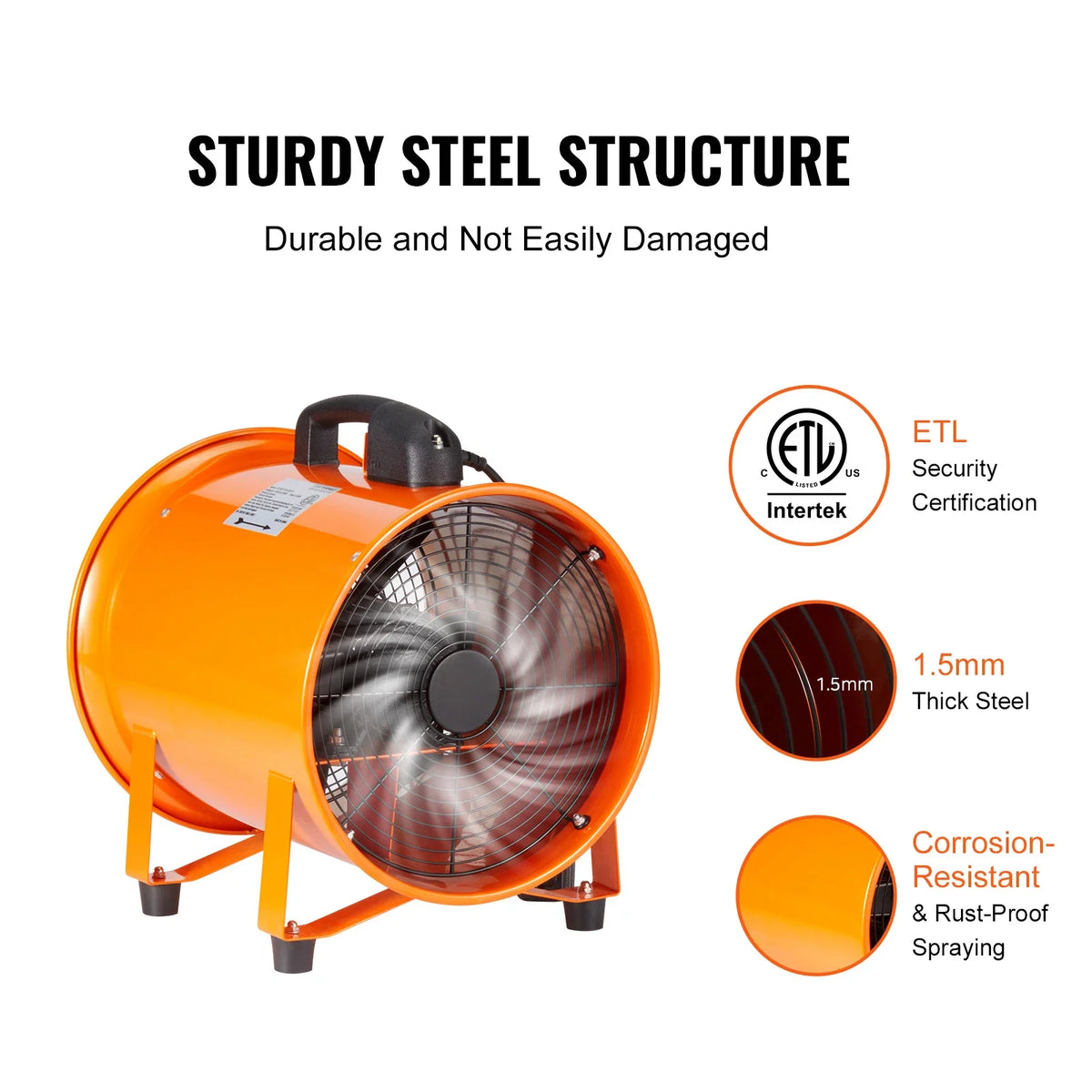 Portable Ventilator 254mm Cylinder Fan with 10m Duct Hose, 300W Strong Shop Exhaust Blower  for Sucking Dust Smoke