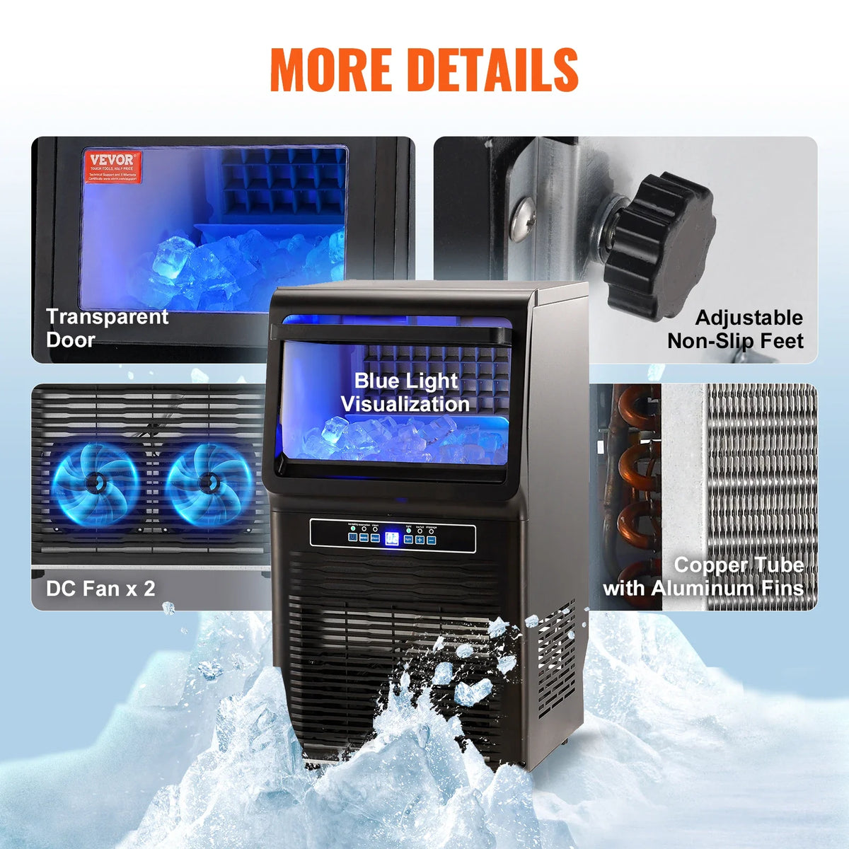 Commercial Ice Maker, 70lbs/24H, 36 Ice Cubes in 12-15 Minutes, Freestanding Cabinet Ice Maker with 12lbs Storage Capacity