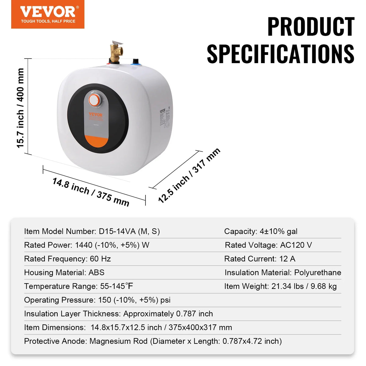 Electric Mini-Tank Water Heater, 2.5/4/8-Gal Tank Hot Water Storage, Safety Temperature Pressure Valve,for Kichen Bathroom