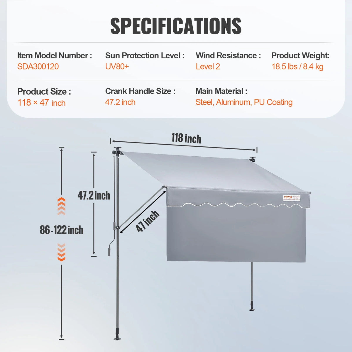 Manual Retractable Awning Outdoor Portable Sunshade Shelter Adjustable Patio Door Window Awning Canopy for Backyard Garden
