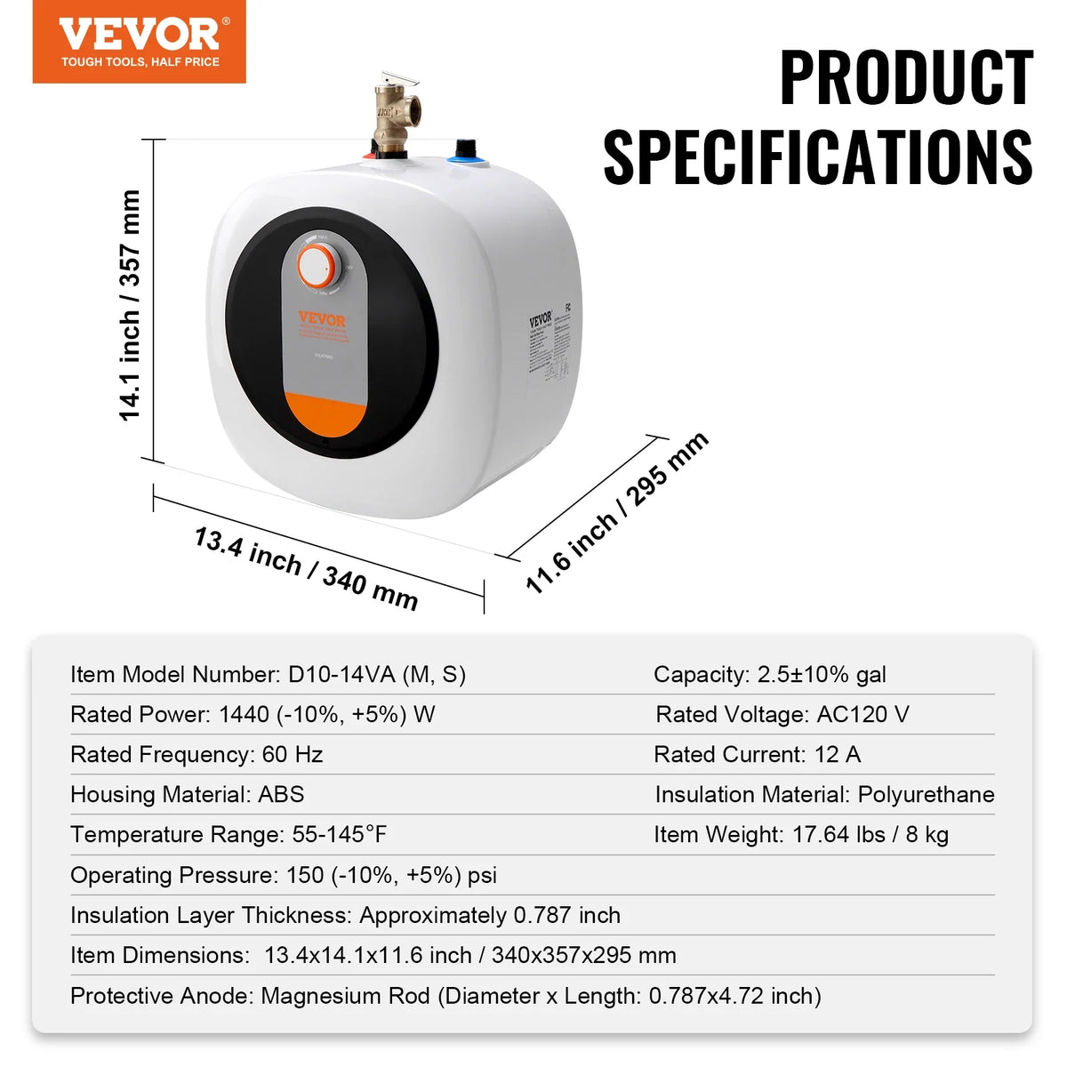 Electric Mini-Tank Water Heater, 2.5/4/8-Gal Tank Hot Water Storage, Safety Temperature Pressure Valve,for Kichen Bathroom